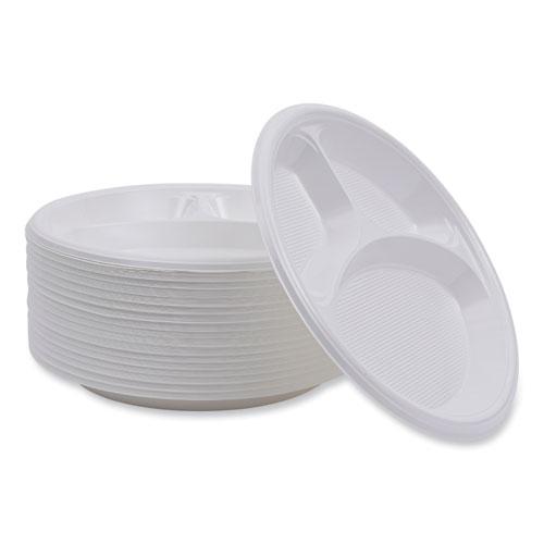 Hi-Impact Plastic Dinnerware, Plate, 3-Compartment, 10" dia, White, 500/Carton. Picture 6