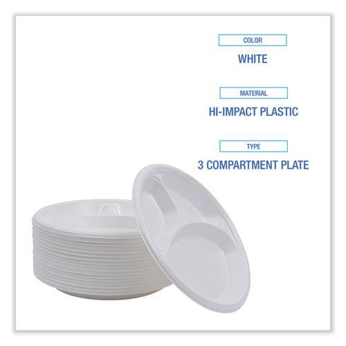 Hi-Impact Plastic Dinnerware, Plate, 3-Compartment, 10" dia, White, 500/Carton. Picture 4