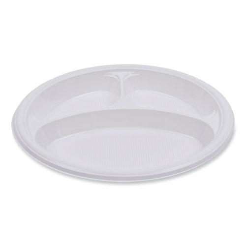 Hi-Impact Plastic Dinnerware, Plate, 3-Compartment, 10" dia, White, 500/Carton. Picture 1