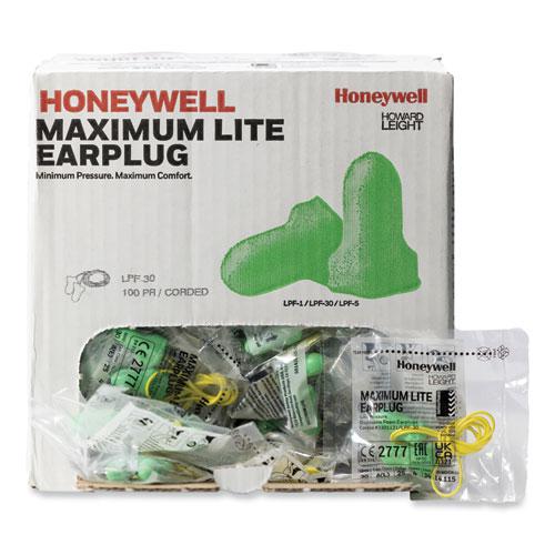 MAXIMUM Lite Single-Use Earplugs, Corded, 30NRR, Green, 100 Pairs. Picture 2