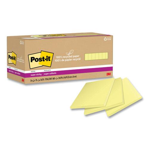 100% Recycled Paper Super Sticky Notes, 3" x 3", Canary Yellow, 70 Sheets/Pad, 24 Pads/Pack. Picture 2