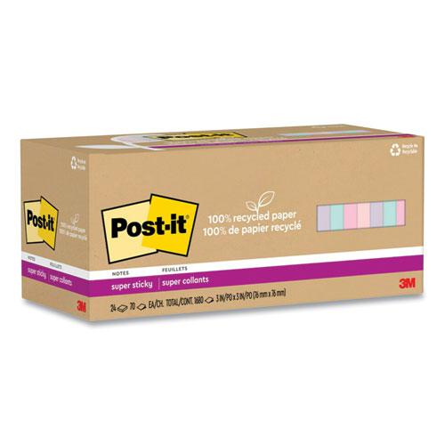 100% Recycled Paper Super Sticky Notes, 3" x 3", Wanderlust Pastels, 70 Sheets/Pad, 24 Pads/Pack. Picture 1
