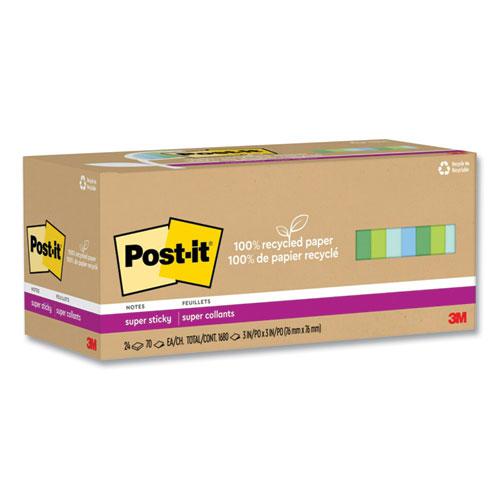 100% Recycled Paper Super Sticky Notes, 3" x 3", Oasis, 70 Sheets/Pad, 24 Pads/Pack. Picture 1