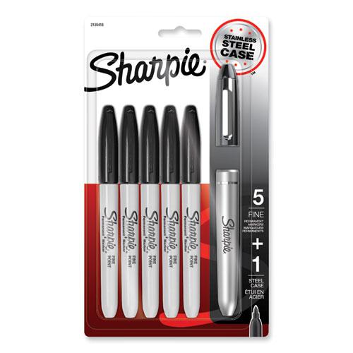 Fine Tip Permanent Marker, Stainless Steel Single Marker Case, Fine Bullet Tip, Black, 5/Pack. Picture 1