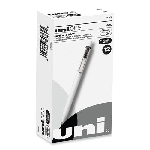 uniONE Gel Pen, Retractable, Medium 0.7 mm, Black Ink, White/Black Barrel, Dozen. Picture 1