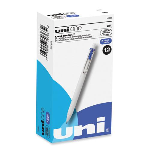 uniONE Gel Pen, Retractable, Medium 0.7 mm, Blue Ink, White/Blue Barrel, Dozen. Picture 1