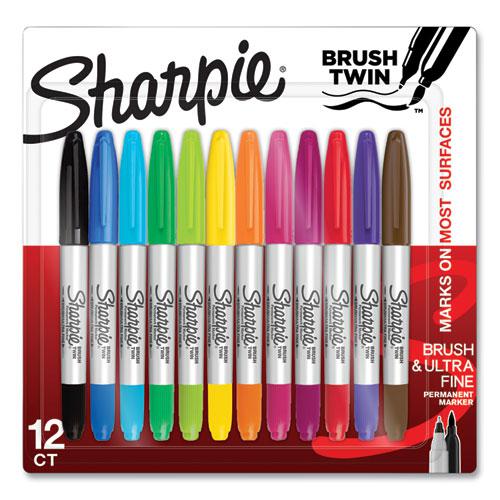 Brush Tip Permanent Marker, Twin Tip, Ultra-Fine Needle/Broad Brush Tips, Assorted Colors, 12/Pack. Picture 1