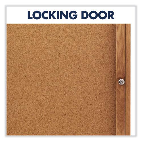Enclosed Indoor Cork Bulletin Board with One Hinged Door, 24 x 36, Tan Surface, Oak Fiberboard Frame. Picture 6