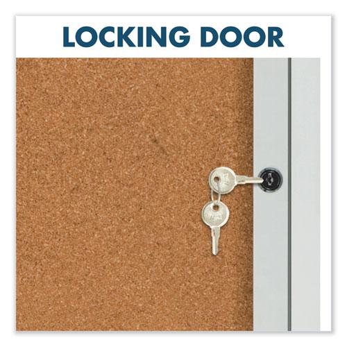 Enclosed Indoor Cork Bulletin Board with Three Hinged Doors, 72 x 36, Tan Surface, Silver Aluminum Frame. Picture 5