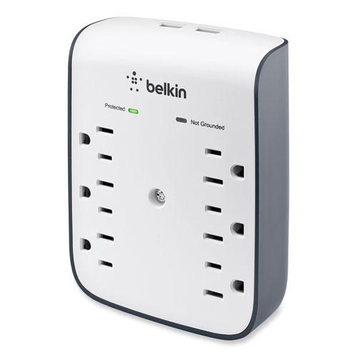 SurgePlus USB Wall Mount Charger, 6 AC Outlets/2 USB Ports, 900 J, White/Black. Picture 5