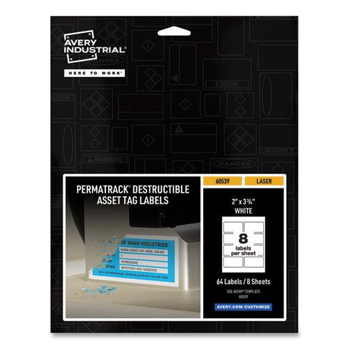 PermaTrack Destructible Asset Tag Labels, Laser Printers, 2 x 3.75, White, 8/Sheet, 8 Sheets/Pack. Picture 1