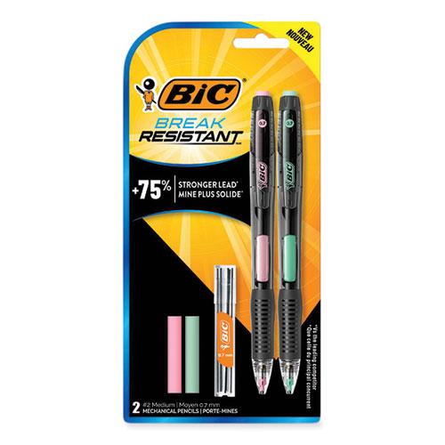 Break-Resistant Mechanical Pencils with Erasers, 0.7 mm, HB (#2), Black Lead, Assorted Barrel Colors, 2/Pack. Picture 1