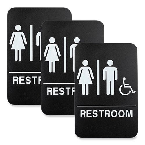 Indoor/Outdoor Restroom Sign with Braille Text and Wheelchair, 6" x 9", Black Face, White Graphics, 3/Pack. Picture 1