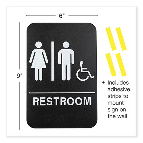 Indoor/Outdoor Restroom Sign with Braille Text and Wheelchair, 6" x 9", Black Face, White Graphics, 3/Pack. Picture 3