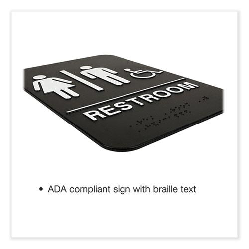 Indoor/Outdoor Restroom Sign with Braille Text and Wheelchair, 6" x 9", Black Face, White Graphics, 3/Pack. Picture 2