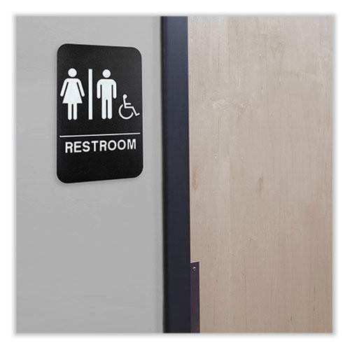 Indoor/Outdoor Restroom Sign with Braille Text and Wheelchair, 6" x 9", Black Face, White Graphics, 3/Pack. Picture 4