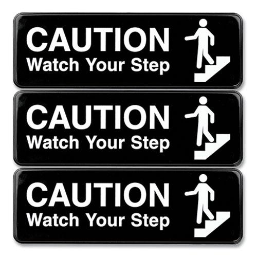 Caution Watch Your Step Indoor/Outdoor Wall Sign, 9" x 3", Black Face, White Graphics, 3/Pack. Picture 1