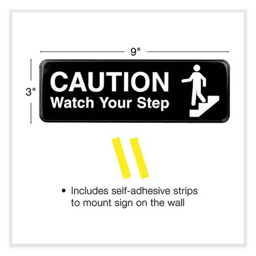 Caution Watch Your Step Indoor/Outdoor Wall Sign, 9" x 3", Black Face, White Graphics, 3/Pack. Picture 3
