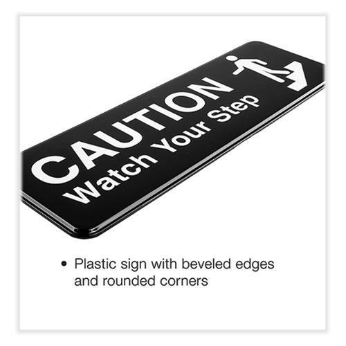 Caution Watch Your Step Indoor/Outdoor Wall Sign, 9" x 3", Black Face, White Graphics, 3/Pack. Picture 2