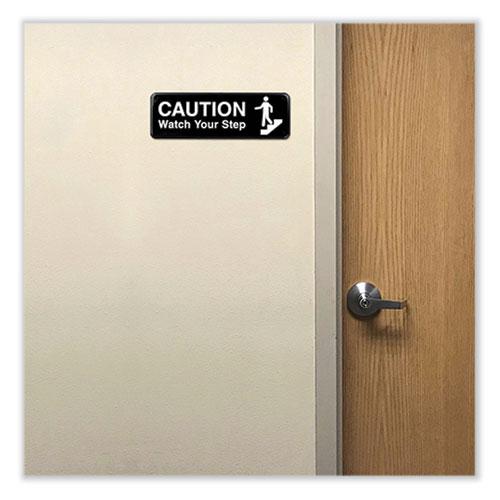Caution Watch Your Step Indoor/Outdoor Wall Sign, 9" x 3", Black Face, White Graphics, 3/Pack. Picture 4