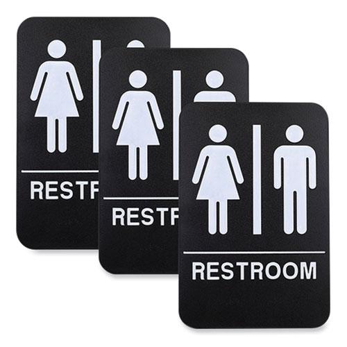 Indoor/Outdoor Restroom with Braille Text, 6" x 9", Black Face, White Graphics, 3/Pack. Picture 1