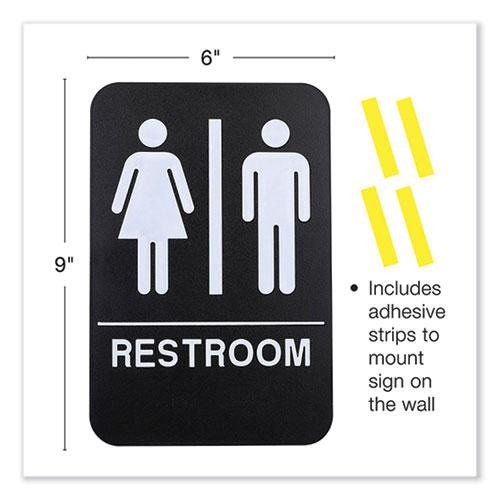 Indoor/Outdoor Restroom with Braille Text, 6" x 9", Black Face, White Graphics, 3/Pack. Picture 2