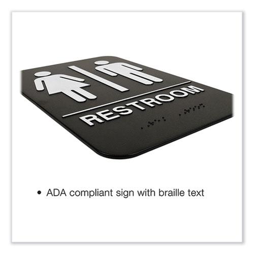 Indoor/Outdoor Restroom with Braille Text, 6" x 9", Black Face, White Graphics, 3/Pack. Picture 3