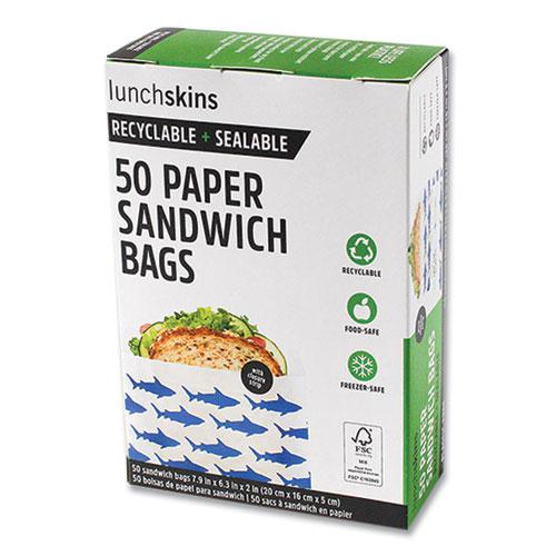 Peel and Seal Sandwich Bag with Closure Strip, 6.3 x 2 x 7.9, White with Blue Shark, 50/Box. Picture 1