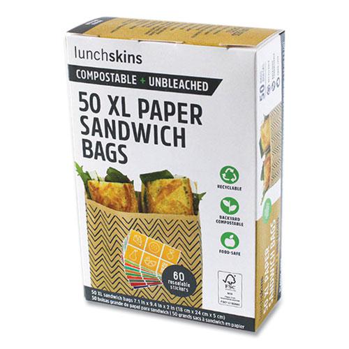 XL Sandwich Bag with Resealable Stickers, 7.1 x 2 x 9.1, Kraft with Black Chevron Pattern, 50/Box. Picture 1