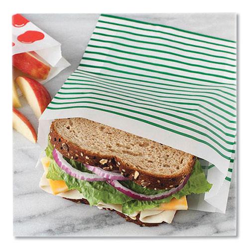 Paper Sandwich Bag, 7.1 x 2 x 9.4, White with Green Stripes, 50/Box. Picture 3