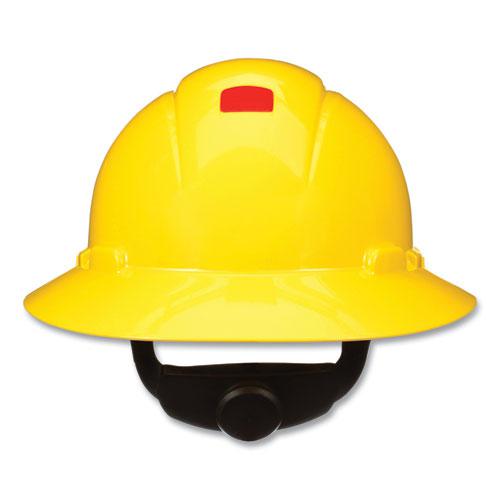 SecureFit Full Brim Hard Hat with Uvicator, Four-Point Ratchet Suspension, Yellow. Picture 1
