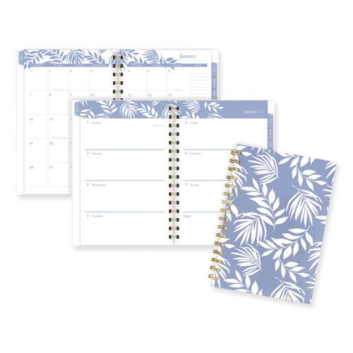 Elena Weekly/Monthly Planner, Palm Leaves Artwork, 8.5 x 6.38, Blue/White Cover, 12-Month (Jan to Dec): 2024. Picture 1