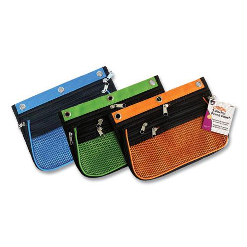Three-Pocket Binder-Insertable Expandable Pencil Pouch, 10.25 x 7.5, Assorted Colors, 3/Pack. Picture 1