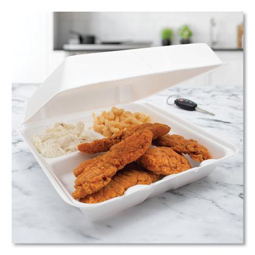 Foam Hinged Lid Containers, 3-Compartment, 9.25 x 9.5 x 3, White, 200/Carton. Picture 6
