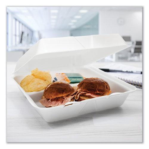 Foam Hinged Lid Containers, 3-Compartment, 9.25 x 9.5 x 3, White, 200/Carton. Picture 7