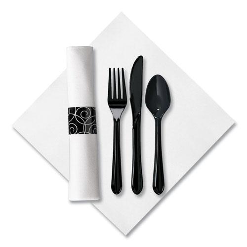CaterWrap Heavyweight Cutlery Combo, Fork/Spoon/Knife/Napkin, Black, 100/Carton. Picture 1