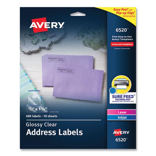 Glossy Clear Easy Peel Mailing Labels w/ Sure Feed Technology, Inkjet/Laser Printers, 0.66 x 1.75, 60/Sheet, 10 Sheets/PK. Picture 1