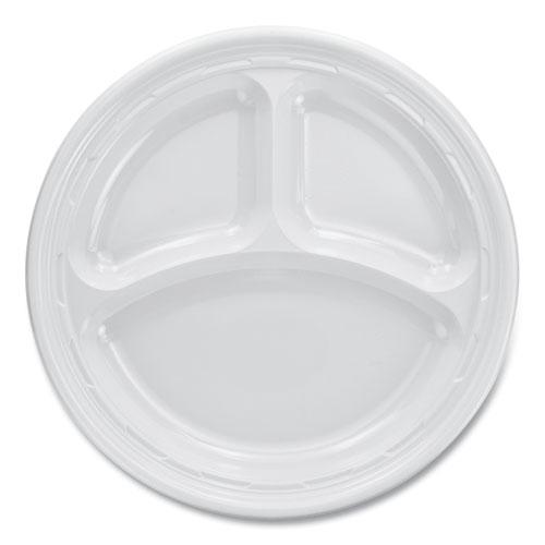 Plastic Plates, 3-Compartment, 9" dia, White, 125/Pack, 4 Packs/Carton. Picture 1