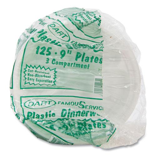 Plastic Plates, 3-Compartment, 9" dia, White, 125/Pack, 4 Packs/Carton. Picture 2