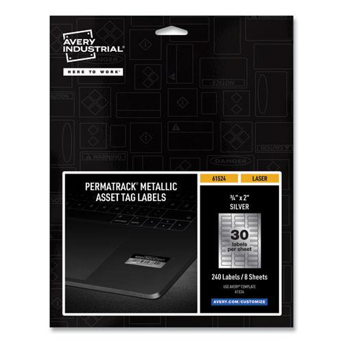 PermaTrack Metallic Asset Tag Labels, Laser Printers, 0.75 x 2, Metallic Silver, 30/Sheet, 8 Sheets/Pack. Picture 1