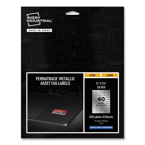 PermaTrack Metallic Asset Tag Labels, Laser Printers, 0.75 x 1.5, Metallic Silver, 40/Sheet, 8 Sheets/Pack. Picture 1