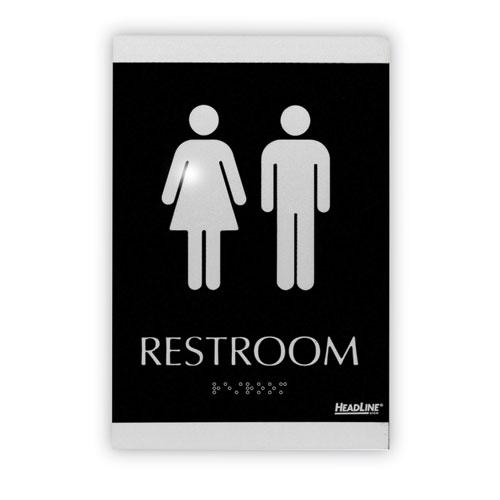 Century Series Office Sign, Men/Women Restroom, 6 x 9, Black/Silver. Picture 1