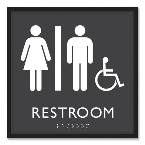 ADA Sign, Unisex Accessible Restroom, Plastic, 8 x 8, Clear/White. Picture 1