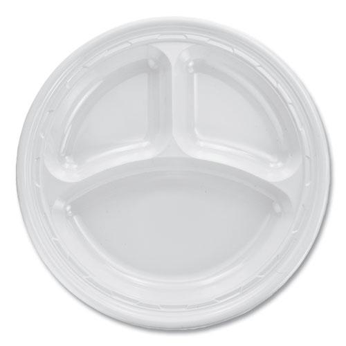 Famous Service Plastic Dinnerware, Plate, 3-Compartment, 10.25" dia, White, 125/Pack, 4 Packs/Carton. Picture 1