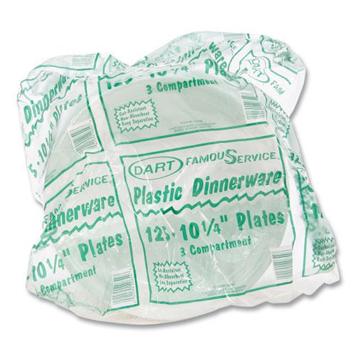 Famous Service Plastic Dinnerware, Plate, 3-Compartment, 10.25" dia, White, 125/Pack, 4 Packs/Carton. Picture 3