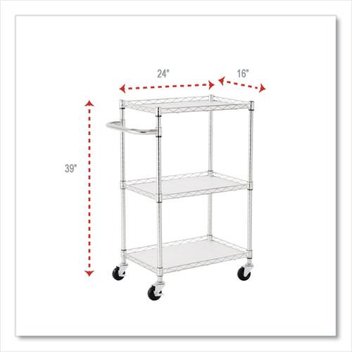 Three-Shelf Wire Cart with Liners, Metal, 3 Shelves, 450 lb Capacity, 24" x 16" x 39", Silver. Picture 6