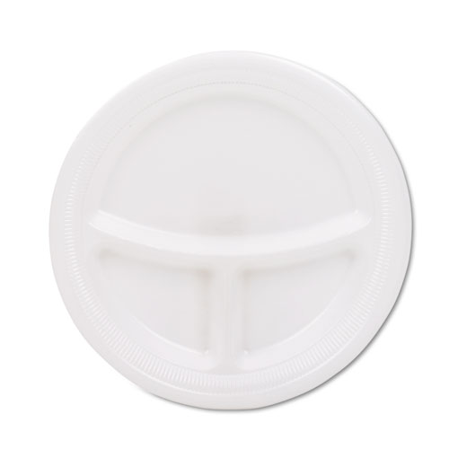Mediumweight Foam Plates, 3-Compartment, 9" dia, White, 125/Pack. Picture 1