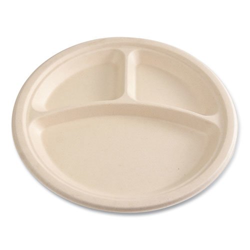 Bagasse PFAS-Free Dinnerware, 3-Compartment Plate, 10" dia, Tan, 500/Carton. Picture 6