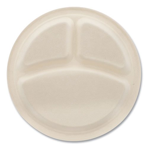 Bagasse PFAS-Free Dinnerware, 3-Compartment Plate, 10" dia, Tan, 500/Carton. Picture 7