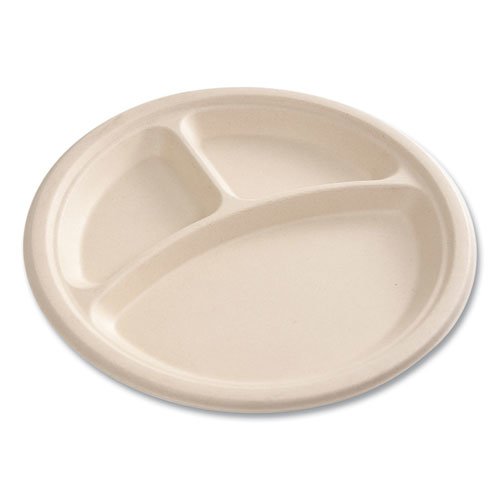 Bagasse PFAS-Free Dinnerware, 3-Compartment Plate, 10" dia, Tan, 500/Carton. Picture 8